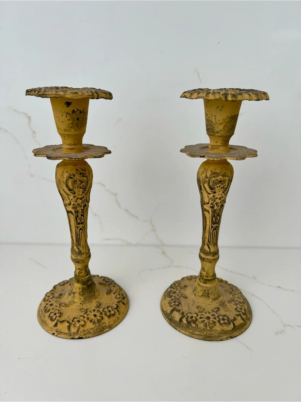 NWOT Yellow Shabby Chic Floral Metal Candle Holders - Set of 2